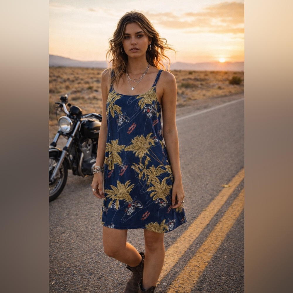 Vintage 90s Harley-Davidson Tropical Sundress Y2K Motorcycle Print Biker Resort